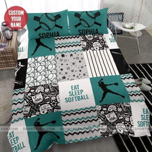 Eat Sleep Softball Duvet Cover Bedding Set Personalized Custom Name