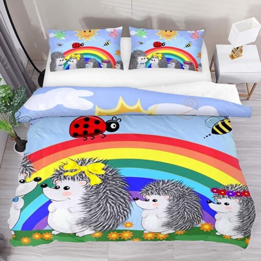 Lovely Hedgehogs And Rainbow Bed Sheets Duvet Cover Bedding Sets