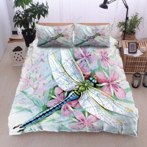 A Dragonfly Pink Flower Printed Bedding Set Bedding Sets Duvet