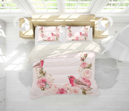 3d Color Flowers Bird Pink Background Comfortable Bedding Set Bedding