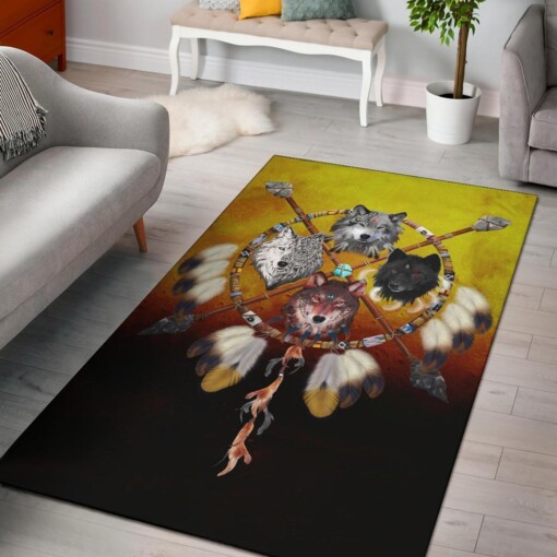 4 Wolves Warriors Native American Design Area Limited Edition Rug