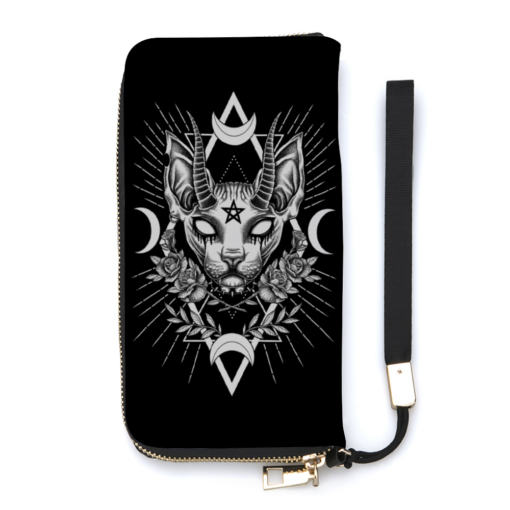 Gothic Occult Black Cat Unique Sphinx Style Area Rug Awesome Demonic White Eye Women’s Long PU Wallet with Credit Card Holders Money Organizer Zipper Purse Wristlet Handbag