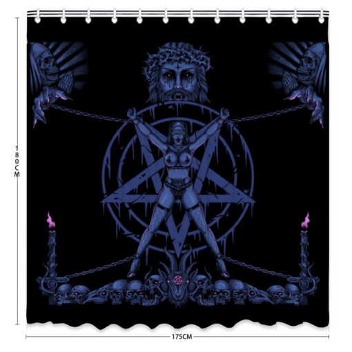 Skull Satanic Pentagram Demon Chained To Sin And Lovin It Part 2 -3 Piece Duvet Set Erotic Blue Pink Shower Curtain 71" x 69"