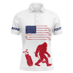 American Flag Bigfoot Mens Golf Polo Shirt Custom Name Patriotic Unique Golf Gift Ideas For Him