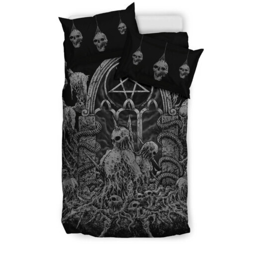 Satanic Skull Inverted Pentagram Shrine Of Impaled Skeletons 3 Piece Duvet Set Grey Version