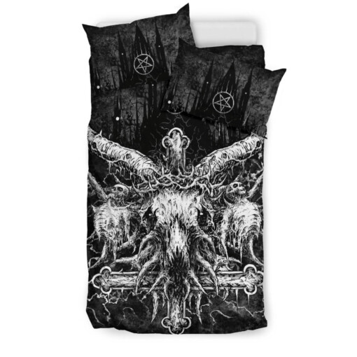 Skull Skeleton Crowned Goat Inverted Cross Inverted White Pentagram Night Church Version 3 Piece Duvet Set