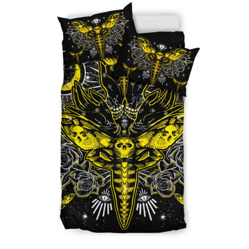 Skull Moth Secret Society Occult Style 3 Piece Duvet Set Yellow Version