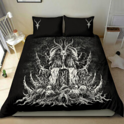 Satanic Skull Goat 3 Piece Duvet Set Black And White Version With Pentagram Goat Pillow Cases