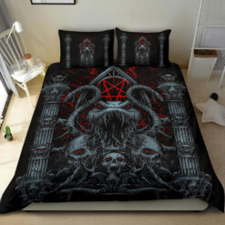 Skull Satanic Pentagram Serpent Gate Shrine 3 Piece Duvet Set Color Version