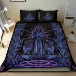 Satanic Pentagram Palm Nun Inverted Cross Forehead Pillows Demon Bombardment 3 piece Duvet Set Awesome Night Blue Pink