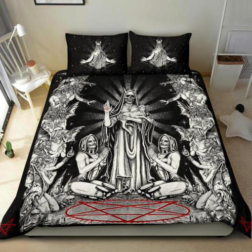 Satanic Pentagram Palm Nun Inverted Cross Forehead Pillows Demon Bombardment 3 piece Duvet Set Black And White Red Pentagram Version