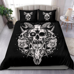 Skull Demon Horn Inverted Cross Inverted Pentagram Goat Skull World Shaped 3 Piece Duvet Set