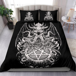 Satanic Skull Inverted Pentagram Demon Octopus 3 Piece Duvet Set With Pentagram Pillow Covers 2nd Version