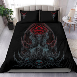 Satanic Skull Goat With Inverted Pentagram Shrine 2nd Prayer Color Version 3 Piece Duvet Set