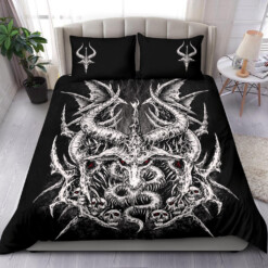 Skull Satanic Goat Wing 3 Piece Duvet Set Black And White Red Eye Version