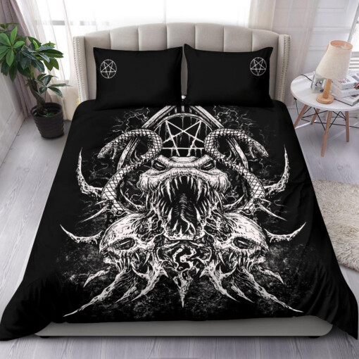 Skull Demon Serpent Satanic Pentagram 3 Piece Duvet Set Black And White Version