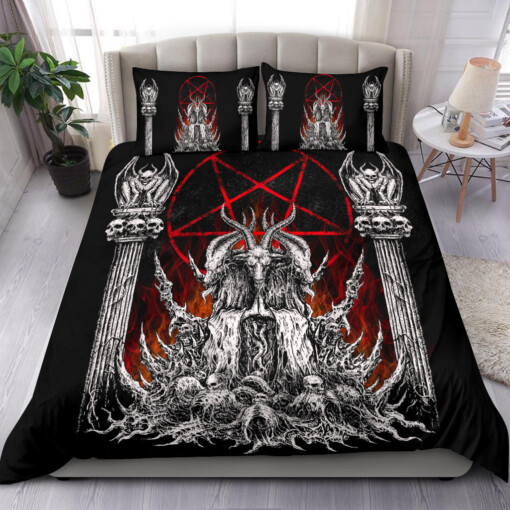 Skull Satanic Goat Satanic Pentagram Flame 3 Piece Duvet Set Goat Flame Pillow Version