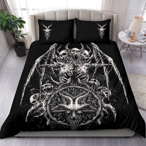 Skull Bat Wing Satanic Goat Satanic Pentagram Serpent 3 Piece Duvet Set Black And White Goat Head Pillow Version