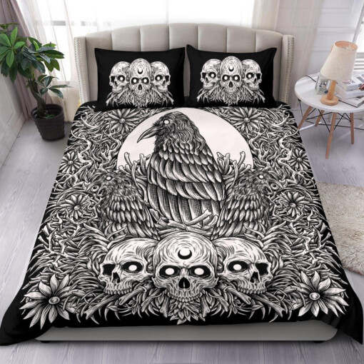 Skull Gothic Occult Crow 3 Piece Duvet Set Black And White