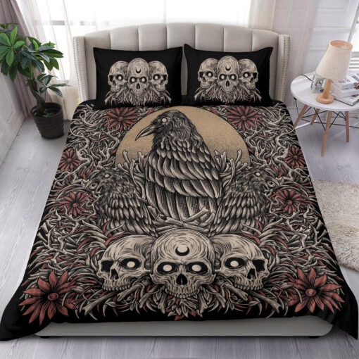 Skull Gothic Occult Crow 3 Piece Duvet Set Color Version