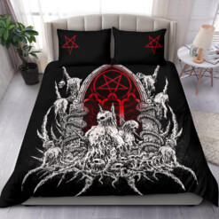 Skull Satanic Pentagram Shrine 3 Piece Duvet Set New Red With White