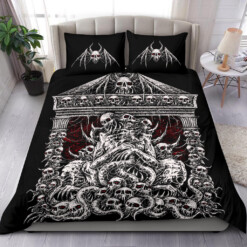 Skull Skeleton Bat Wing Skull Death Shrine 3 Piece Duvet Set Red Background Version