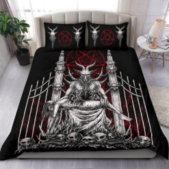 Skull Satanic Goat Satanic Pentagram Serpent Delivered To The Pearly Gates 3 Piece Duvet Set Black And White Red