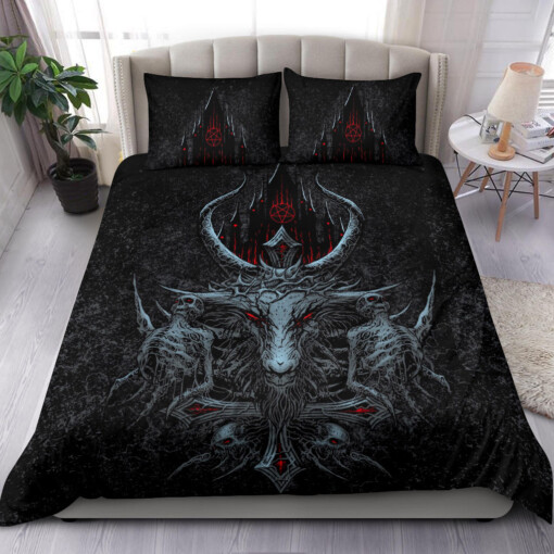 Skull Skeleton Crowned Satanic Goat Satanic Cross Satanic Pentagram Night Church Part 2- 3 Piece Duvet Set Color Version