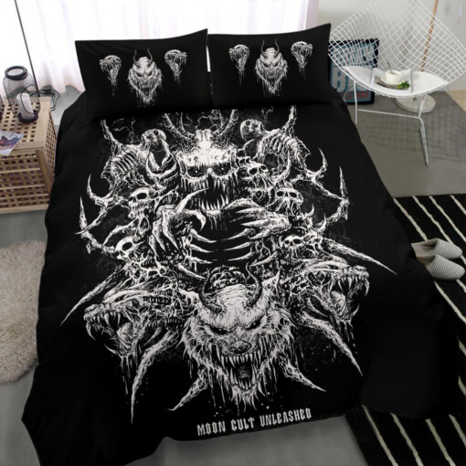 Skull Demon Wolf Moon Cult Unleashed 3 Piece Duvet Set Black And White Version