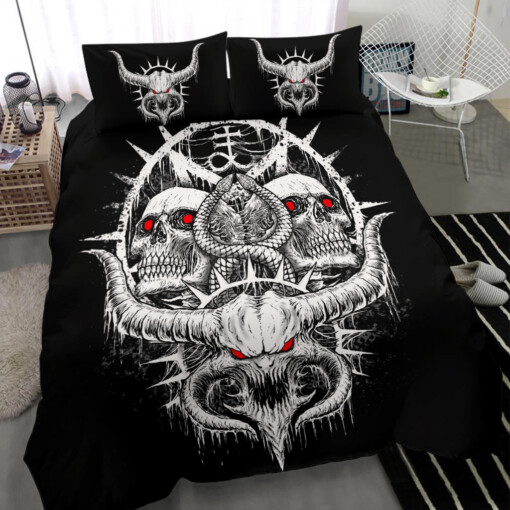 Skull Satanic Demon Serpent 3 Piece Duvet Set Black And White Red Eye Version