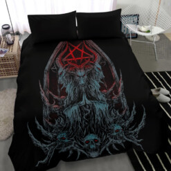 Skull Satanic Goat Inverted Pentagram Shrine 2nd Prayer Color Version 3 Piece Duvet Set