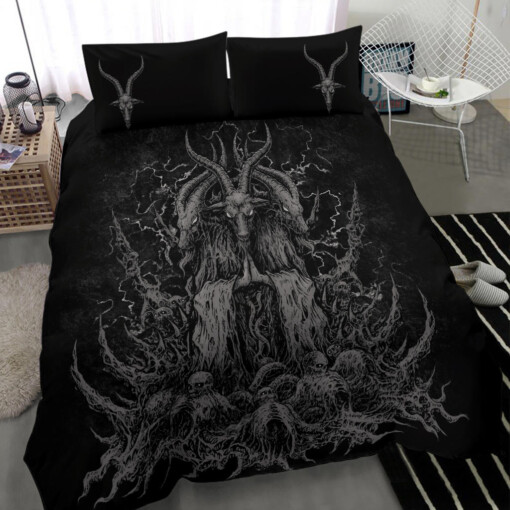 Skull Skeleton Satanic Goat Killer White Eye Grey Version 3 Piece Duvet Set