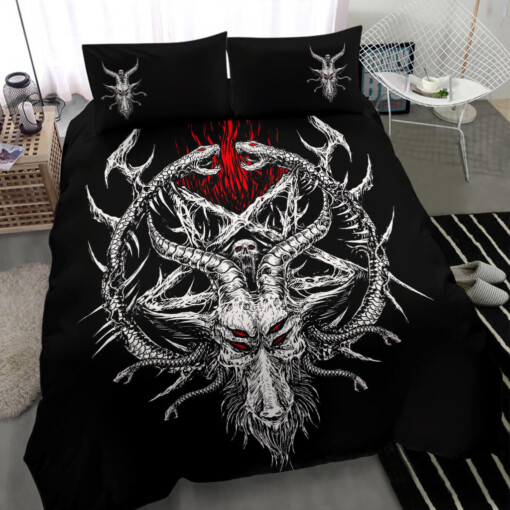 Skull Satanic Inverted Pentagram Serpent 3 Piece Duvet Set Black And White Red Version