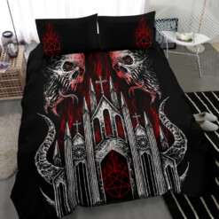 Skull Demon Satanic Pentagram Church 3 Piece Duvet Set Black And White Red Flame Version