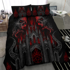 Skull Demon Satanic Pentagram Flame Church 3 Piece Duvet Set Dark Color Version