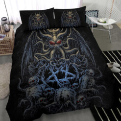 Skull Skeleton Demon Octopus Satanic Pentagram 3 Piece Duvet Set Night Blue Version