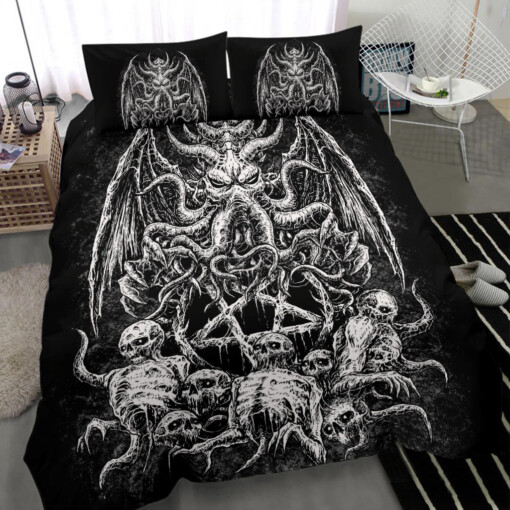 Skull Skeleton Demon Octopus Satanic Pentagram 3 Piece Duvet Set Black And White Version