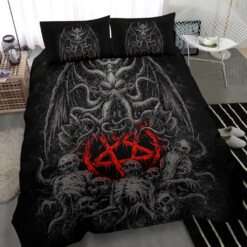 Skull Skeleton Demon Octopus Satanic Pentagram 3 Piece Duvet Set Dark Style Red Pentagram