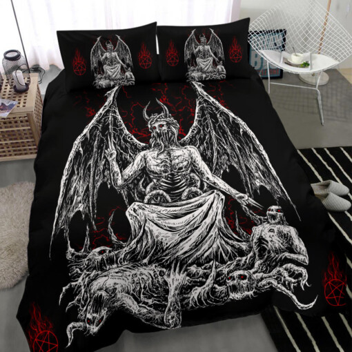 Skull Skeleton Satanic Pentagram Winged Demon God 3 Piece Duvet Set Black And White Red
