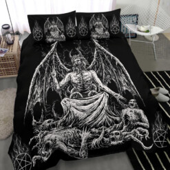 Skull Skeleton Satanic Pentagram Flame Satanic Demon Bat Wing God 3 Piece Duvet Set Black And White