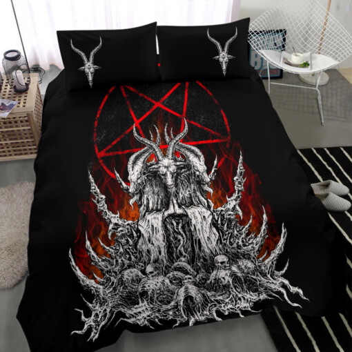 Skull Skeleton Satanic Goat Satanic Pentagram Flame 3 Piece Duvet Set With Large Pentagram Goat Head Pillow Covers