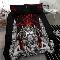 Skull Satanic Pentagram Demon Lust Throne 3 Piece Duvet Set Black And White Red