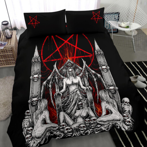 Skull Satanic Pentagram Demon Lust Throne 3 Piece Duvet Set Black And White Red