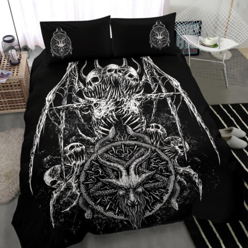 Skull Satanic Goat Satanic Pentagram Serpent 3 Piece Duvet Set Black And White