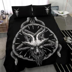 Skull Satanic Demon Goat Satanic Serpent Pentagram 3 Piece Duvet Set Large Goat Serpent Version Black And White