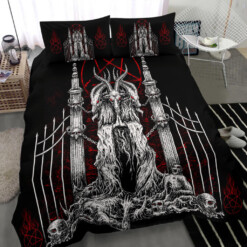 Skull Satanic Goat Satanic Pentagram Flame Welcome To Hells Gates 3 Piece Duvet Set Black And White Red