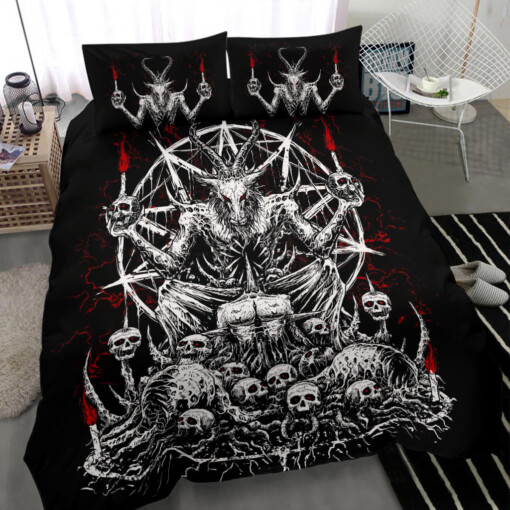 Skull Skeleton Satanic Goat Eternal Impaled Torment Skull Candle Trophy 3 Piece Duvet Set Black And White Red