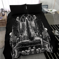 Skull Hooded Demon Impaled Coffin Shrine 3 Piece Duvet Set Black And White Version