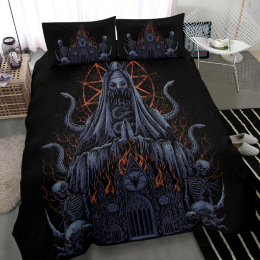 Skull Demon Virgin Serpent Satanic Pentagram Flame Church 3 Piece Duvet Set Night Blue