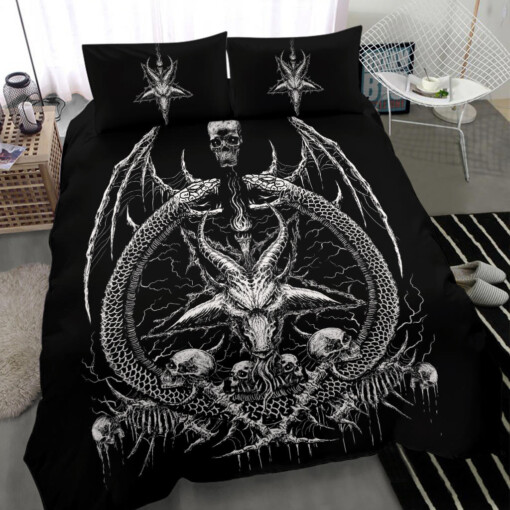 Skull Skeleton Demon Satanic Goat Satanic Pentagram Serpent 3 Piece Duvet Set Black And White